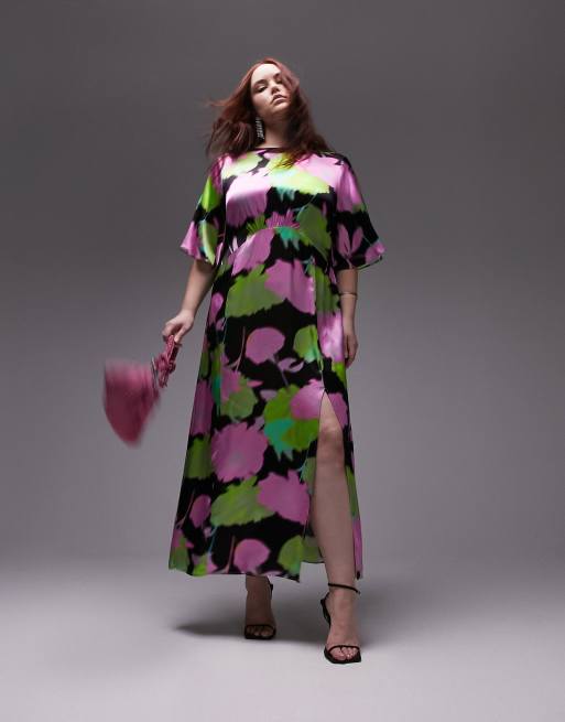 Topshop Curve - Midi-gelegenheidsjurk met uitlopende mouwen en opvallende bloemenprint in multi