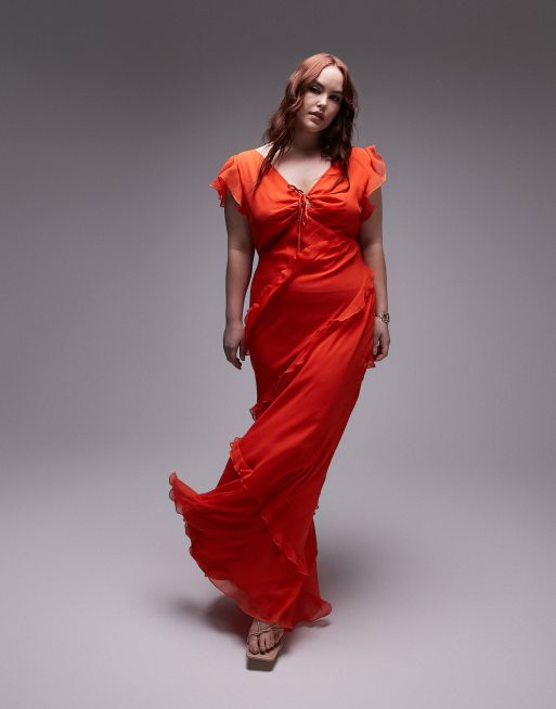 Topshop Curve - Midi jurk met V-hals en ruches in rood, 4 van 4