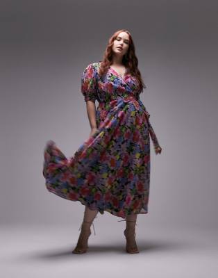 Topshop Curve - Midi-Wickelkleid mit verschwommenem Blumenmuster-Bunt