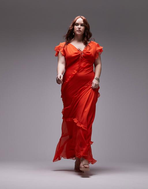 Topshop Curve – Midikleid in Rot mit V-Ausschnitt und Rüschendetail