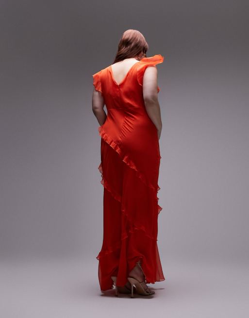 Topshop Curve – Midikleid in Rot mit V-Ausschnitt und Rüschendetail, 2 von 4