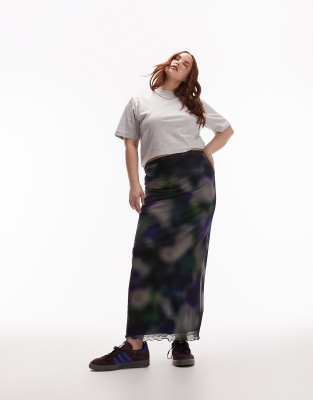 Topshop Curve - Midirock aus Netzstoff in Lila mit verschwommenem Muster und Spitzenbesatz