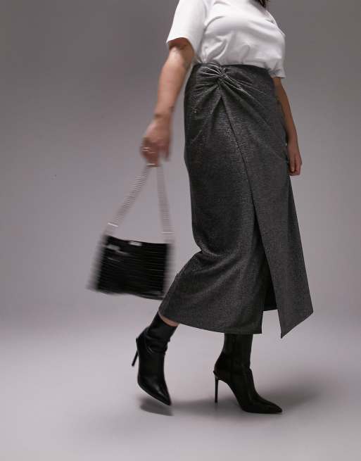Topshop Curve - Midirok met split en knoop aan de voorkant in glitterend zilver