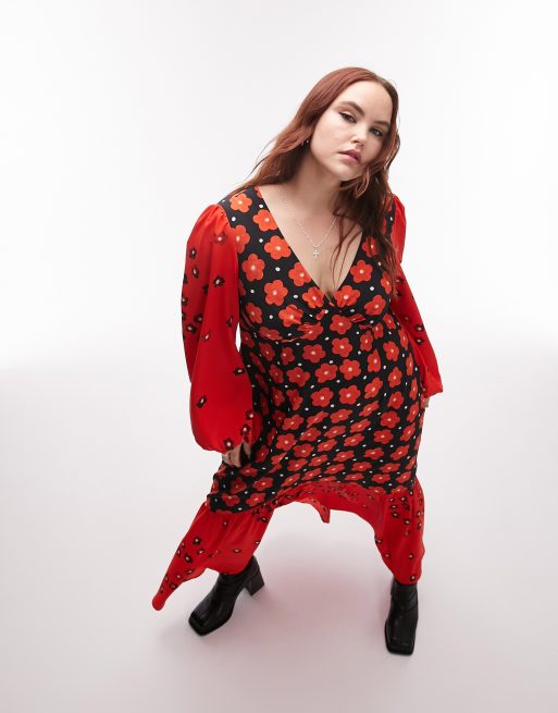 Topshop Curve – Mieszaj i łącz – Kolorowa zapinana na guziki sukienka midi z dekoltem w szpic
