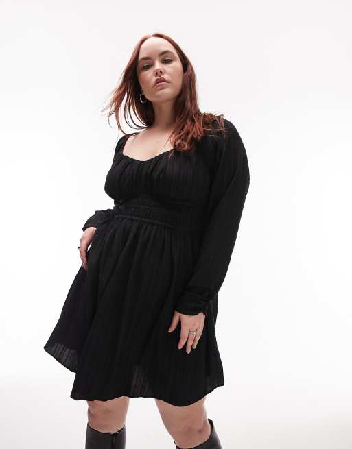 Topshop Curve - Mini-jurk met zwierige lange mouwen en gesmokte vlakken in zwart