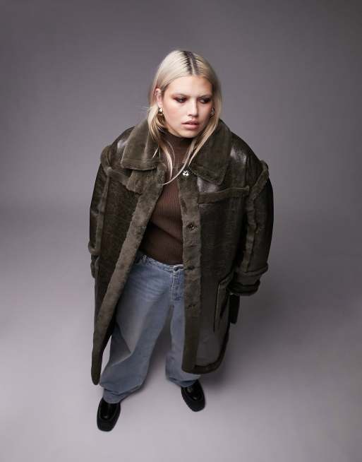 Topshop Curve – Mör olivgrön pilotjacka i fuskpäls och lång modell 