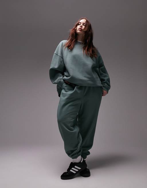 Topshop Curve – Mörkgröna mjukisbyxor i oversize med muddar, del av set