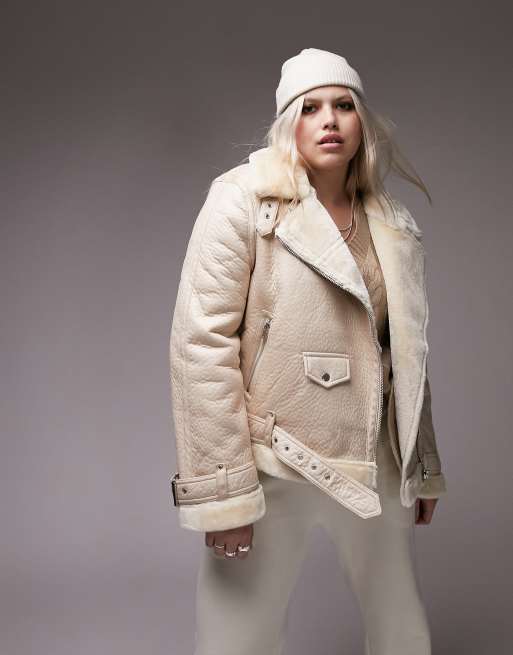 Topshop – Curve – Naturvit bikerjacka i pilotmodell av läderimitation med detaljer i fårskinnsimitation