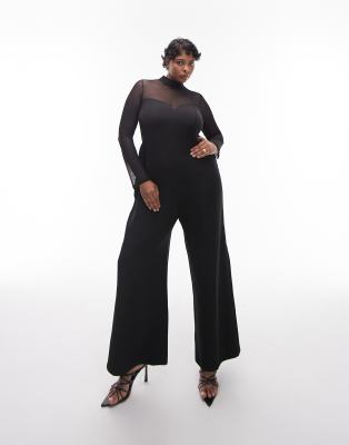 Topshop Curve - Netzstoff-Jumpsuit in Schwarz mit BH-Detail und weitem Bein