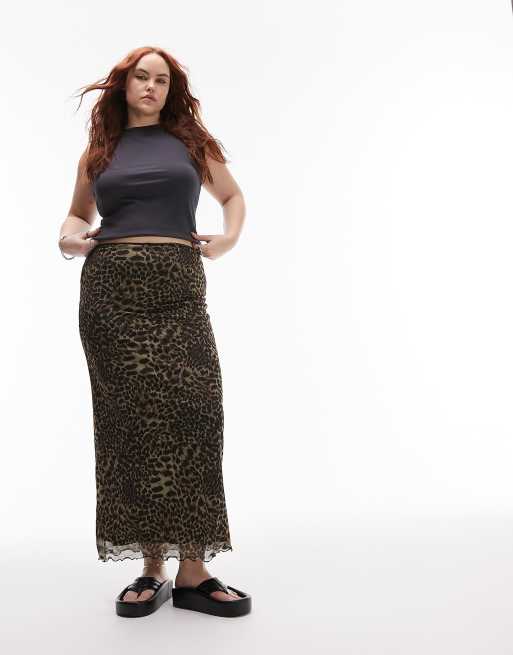 Topshop Curve – Netzstoff-Midirock mit Tierfellmuster in Braun