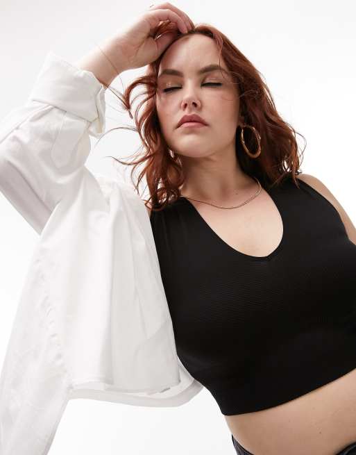 Topshop Curve - Olivengrøn sømløs croptop med sort V-hals 