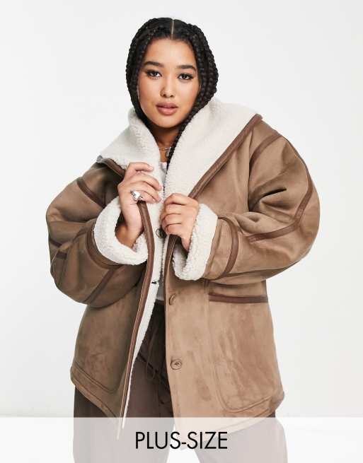 Topshop Curve – Oversize-Mantel in Mink und Creme aus Lammfellimitat, 2 von 4