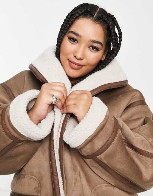 Topshop Curve – Oversize-Mantel in Mink und Creme aus Lammfellimitat, 4 von 4