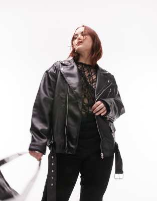 Topshop Curve - Oversize-Motorradjacke aus Kunstleder in Schwarz