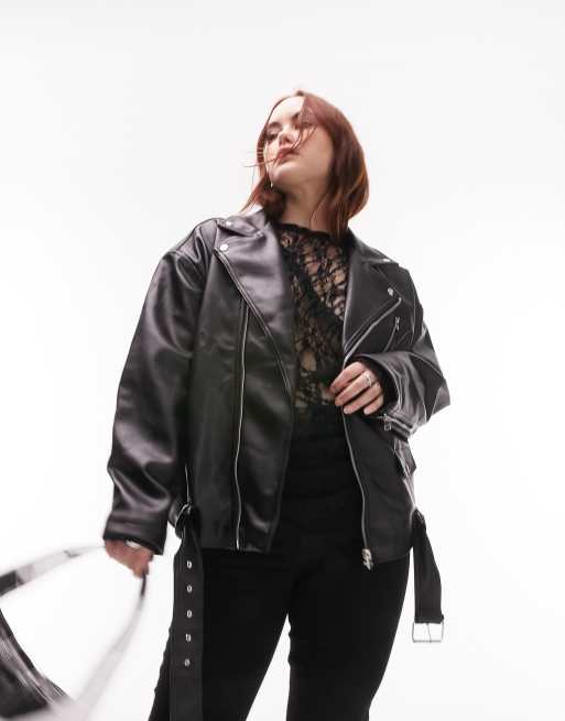 Topshop Curve – Oversize-Motorradjacke aus Kunstleder in Schwarz