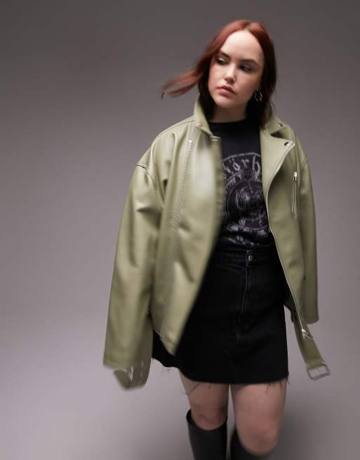 Topshop Curve - Oversized bikerjakke i salviegrønt, imiteret læder