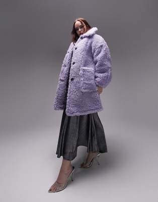 Topshop Curve oversized borg coat in lilac - ASOS Price Checker