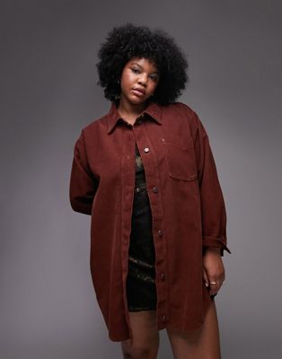 Topshop Curve oversized shirt in brown cord