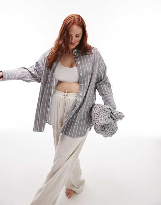 Topshop Curve oversized crinkle deep cuff stripe shirt in grey