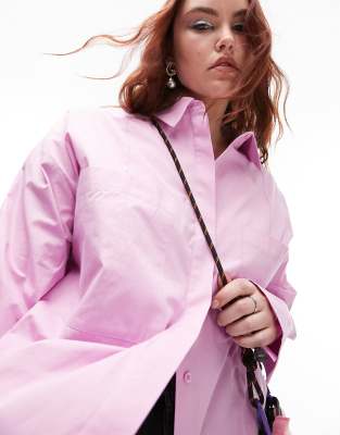 Topshop Curve oversized deep cuff shirt in pink