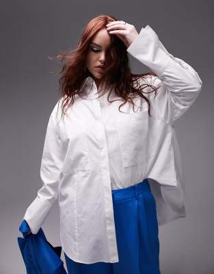 Topshop Curve oversized deep cuff shirt in white