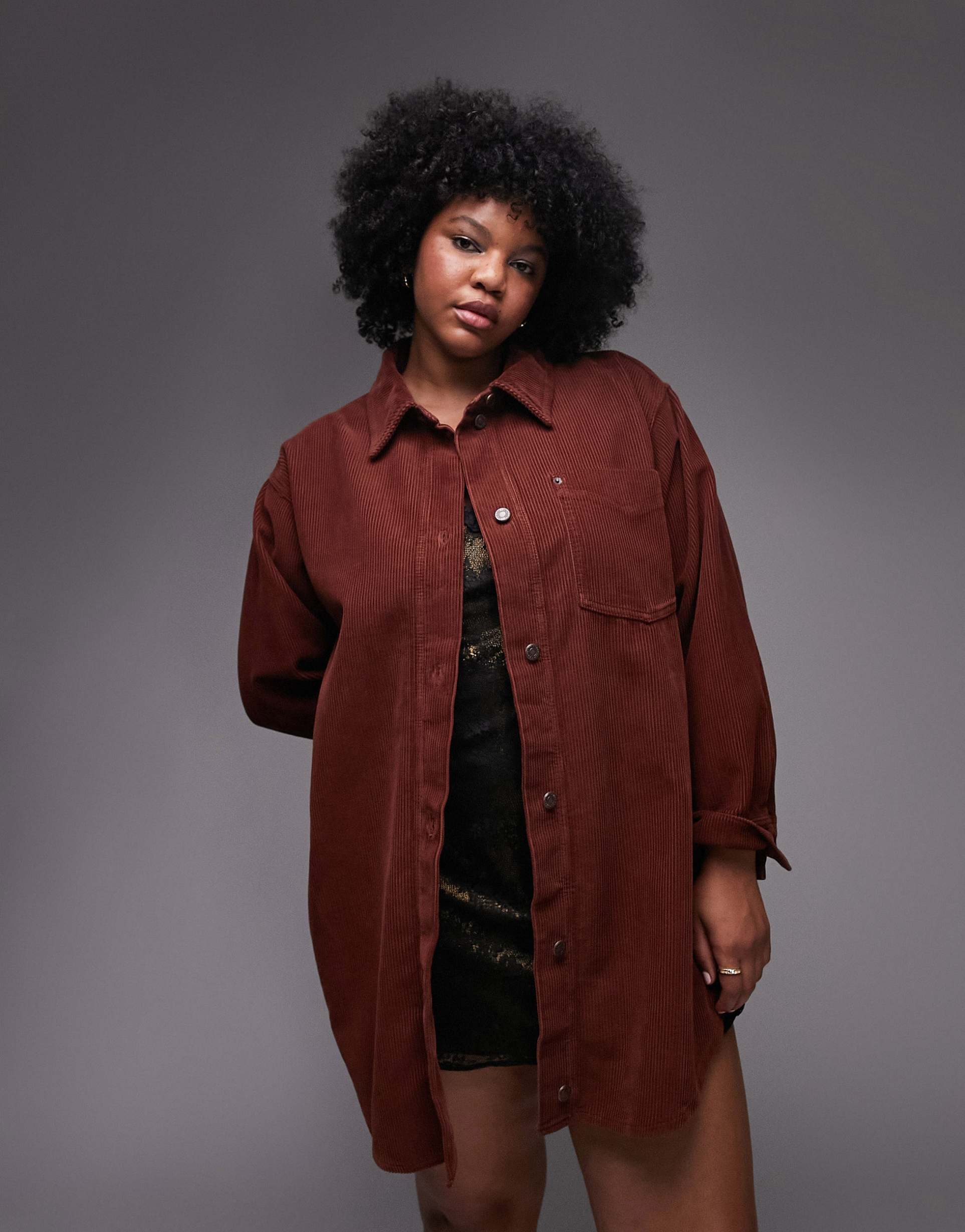 Topshop Curve oversized shirt in brown cord view 2