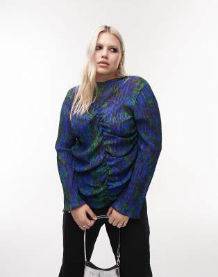 Topshop Curve plisse floral long sleeve top in multi | ASOS