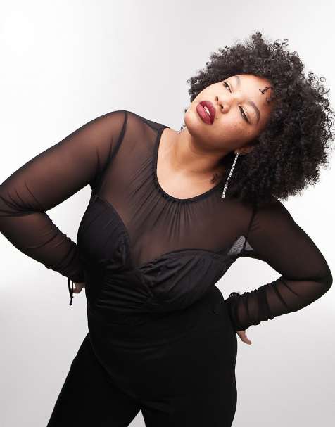 Topshop Curve Premium Limited Edition bust detail corded bodysuit in black - view 1