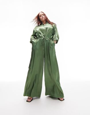 Topshop Curve Premium Satin Button Down Jumpsuit In Khaki-Green