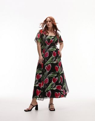 Topshop Curve Printed Floral Midi Tea Dress In Red And Purple Floral-multi