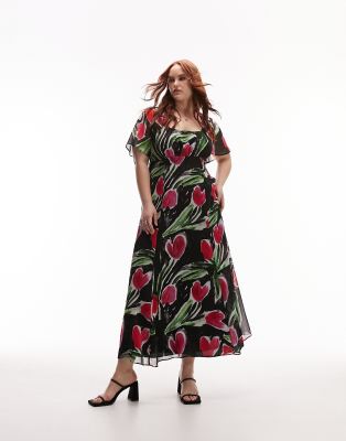 Topshop Curve printed floral midi tea dress in red and purple floral | ASOS