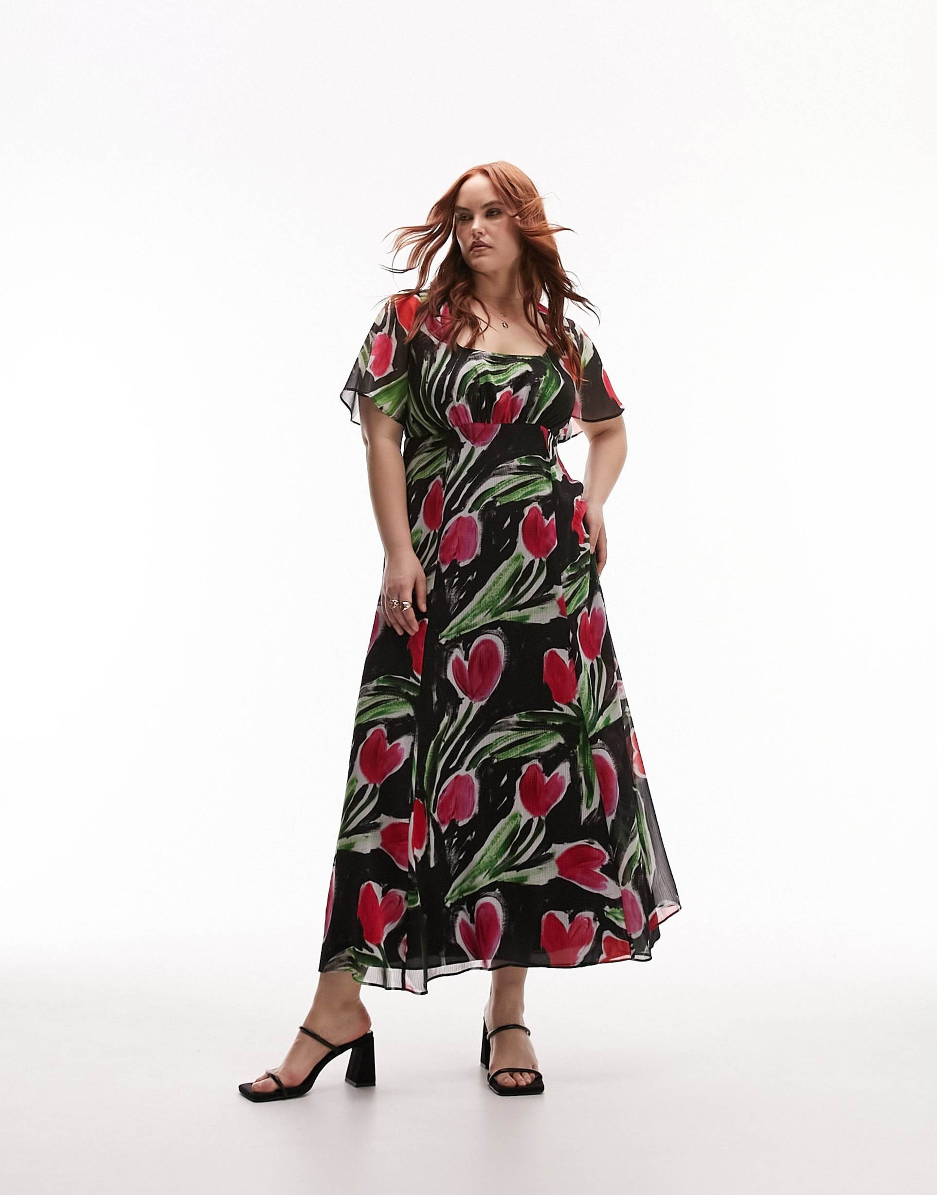 topshop curve printed floral midi tea dress in red and purple floral