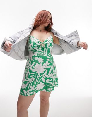 Topshop Curve printed linen strappy mini dress in green
