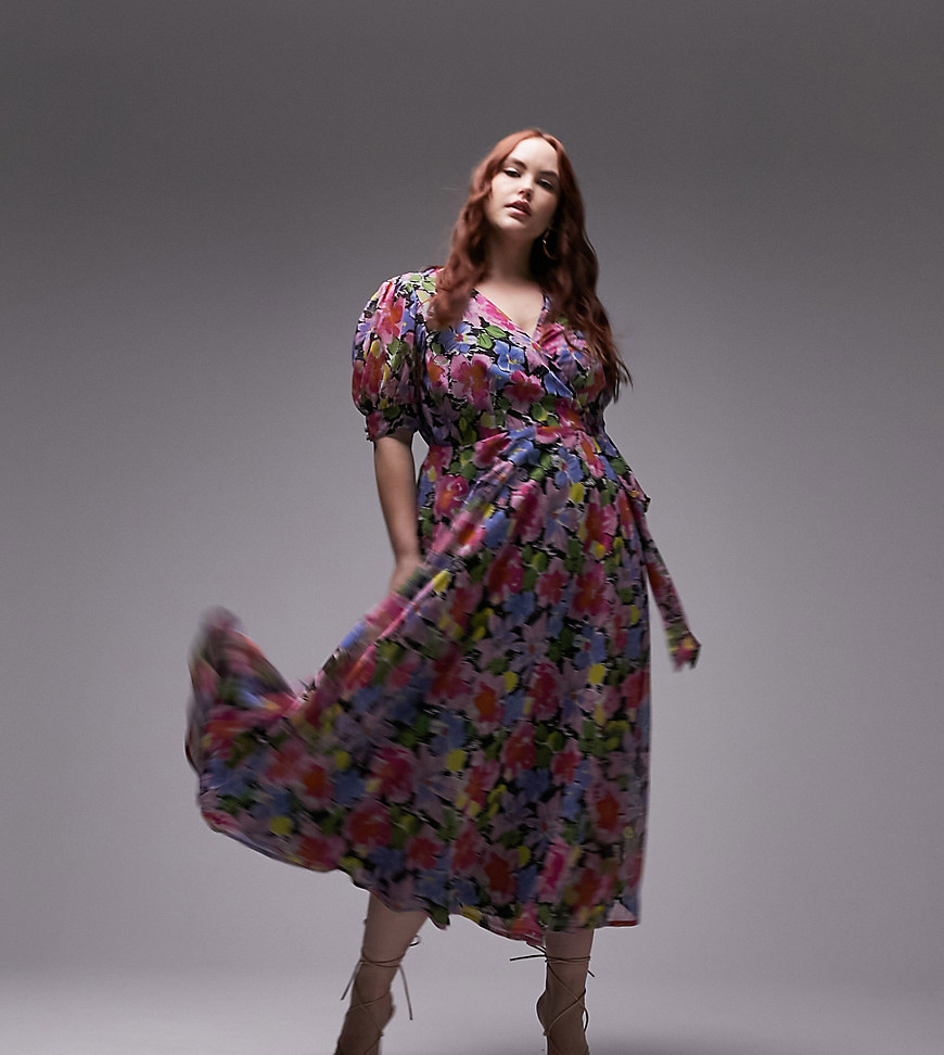 printed midi wrap dress in blurred floral print-Multi