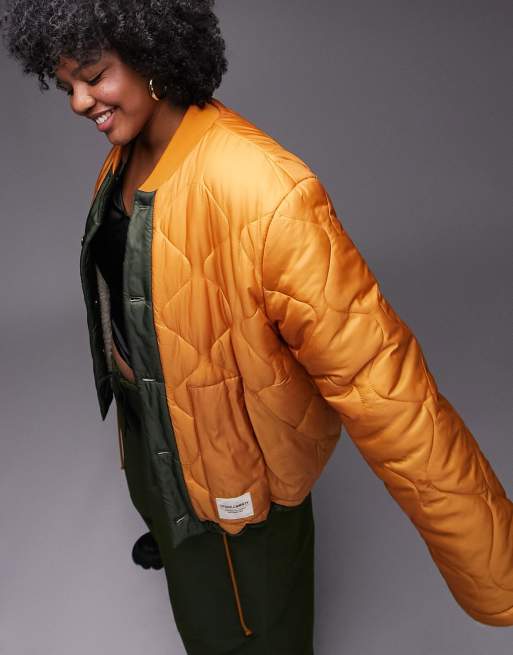 Topshop Curve quilted liner jacket with reversible borg sherpa in orange  and cream