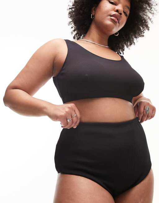Topshop Curve rib high waist bikini bottoms in black, 3 of 4