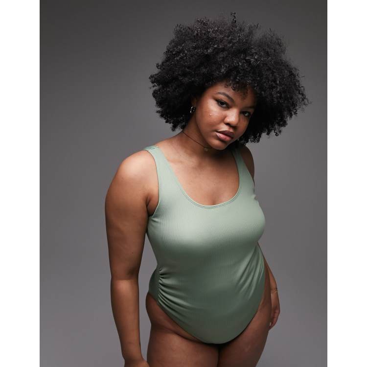 Topshop Curve rib scoop back swimsuit in khaki