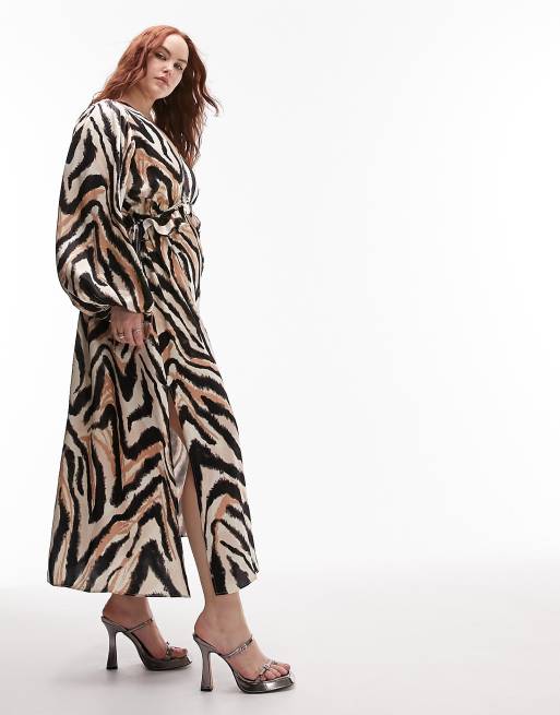 Topshop Curve – Riviera – Sukienka midi z długimi rękawami w zwierzęcy wzór
