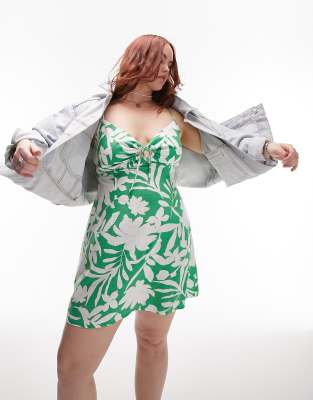 Topshop Curve printed linen strappy mini dress in green - ASOS Price Checker