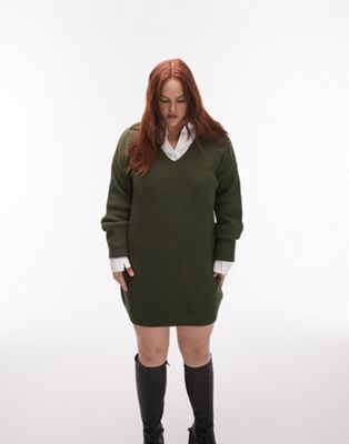 Topshop Curve knitted chuck on collar dress in khaki - ASOS Price Checker