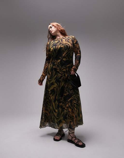 Topshop Curve - Robe longue en tulle à imprimé abstrait - Multicolore