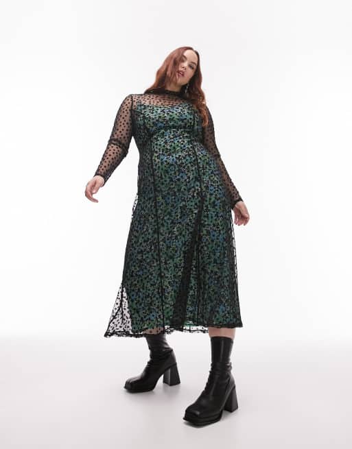 Topshop Curve - Robe mi-longue en tulle à motif fleuri floqué avec fond de robe à fleurs contrastant - Multicolore