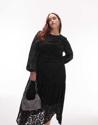 Topshop Curve Ruched Lace Long Sleeve Midi Dress In Black