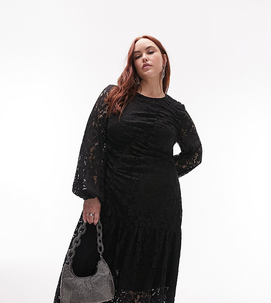Topshop Curve ruched lace long sleeve midi dress in black