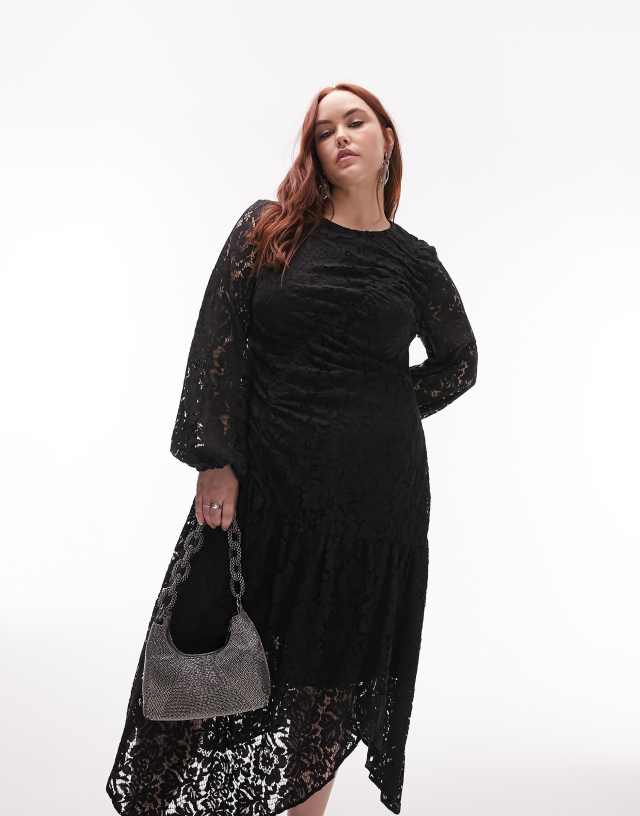 Topshop Curve ruched lace long sleeve midi dress in black