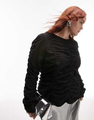 Curve ruched long sleeve shirred top in black