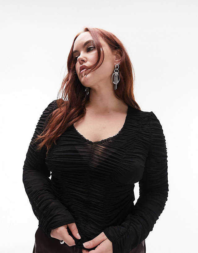 Topshop Curve - ruched long sleeve top in black