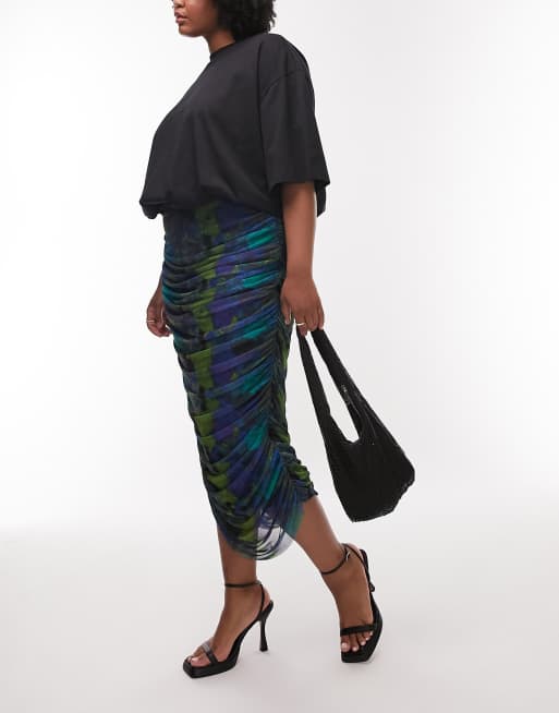 Topshop Curve ruched mesh printed midi skirt in green and blue 