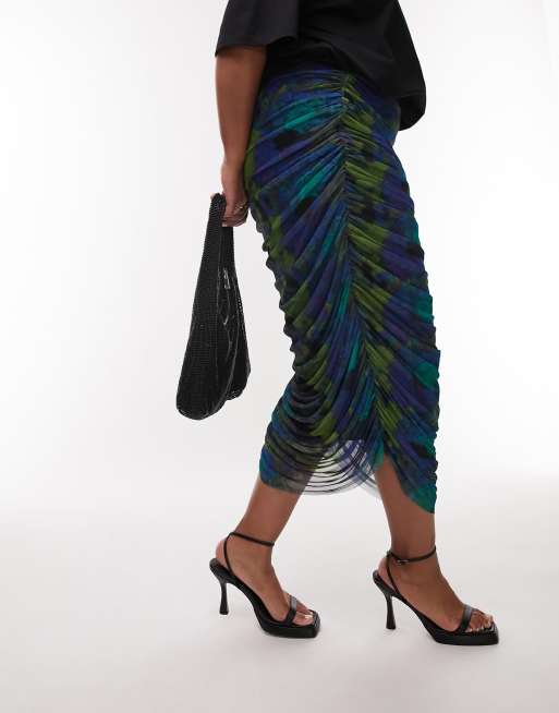 Topshop Curve ruched mesh printed midi skirt in green and blue