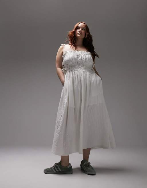 Topshop Curve ruched tie strap textured oversized pinafore dress in ivory